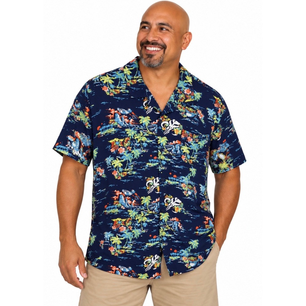 Star Wars Hawaiian Shirt Grogu Baby Yoda Mandalorian Mens Size XL Navy Tropical